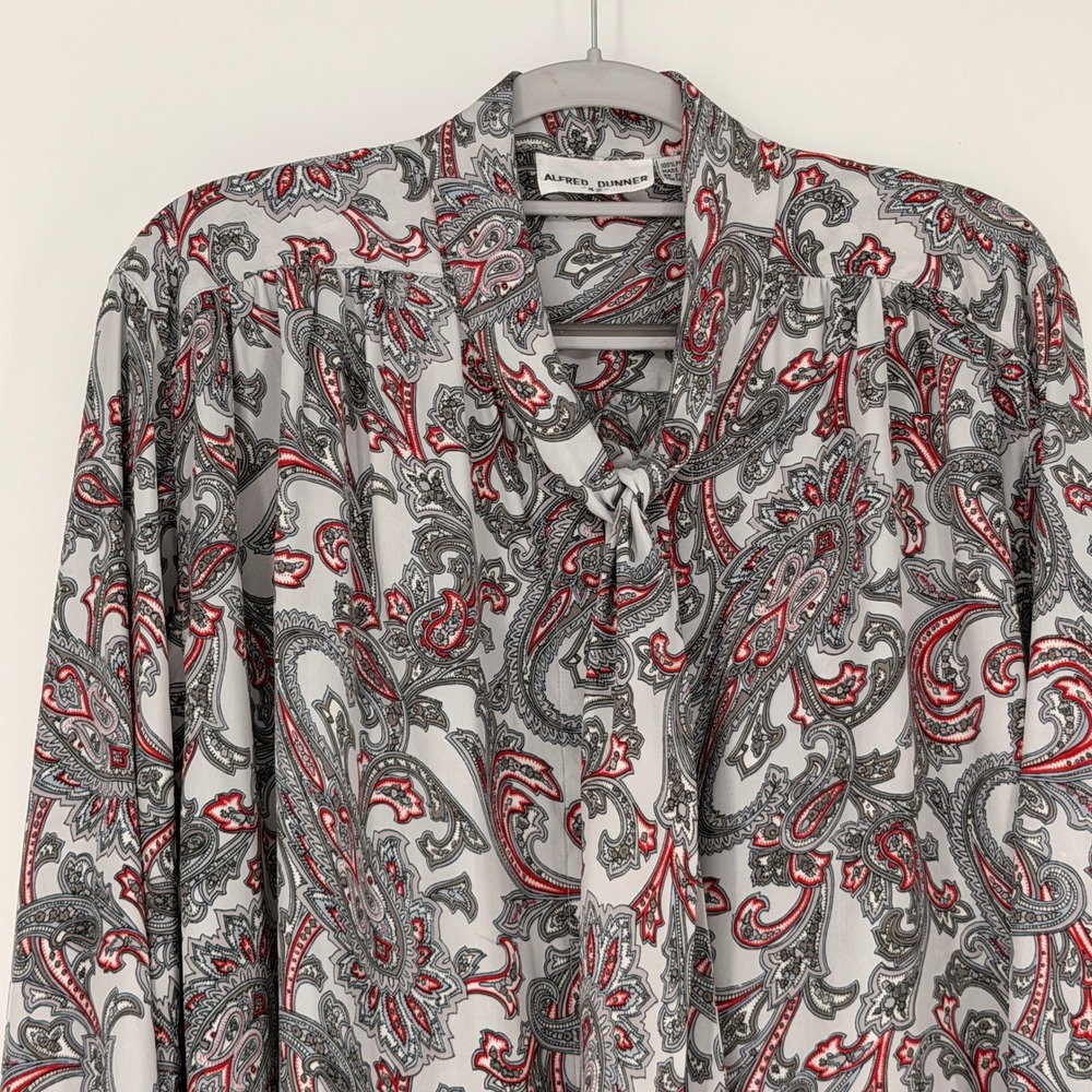 Alfred Dunner Blouse Women 42 Gray Red Paisley Tie Neck Vintage 80s Office Boho - Picture 2 of 6